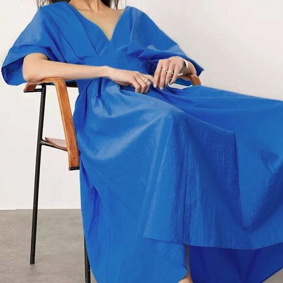 Blue Casual Women's V-Neck Back Hollow Bat-Sleeve Waist-Cinching A-Hem Dress - Picture 5 of 5